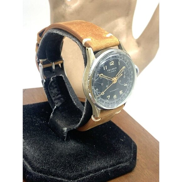 Felder Delbana Men's Watch Vintage Swiss Manual Wind WWII Chronograph Black Dial - Picture 15 of 15